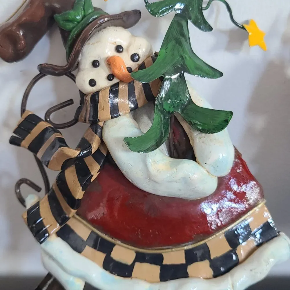 Large Metal & Clay Santa Claus & Snowman Winter Christmas Holiday Ornaments VTG